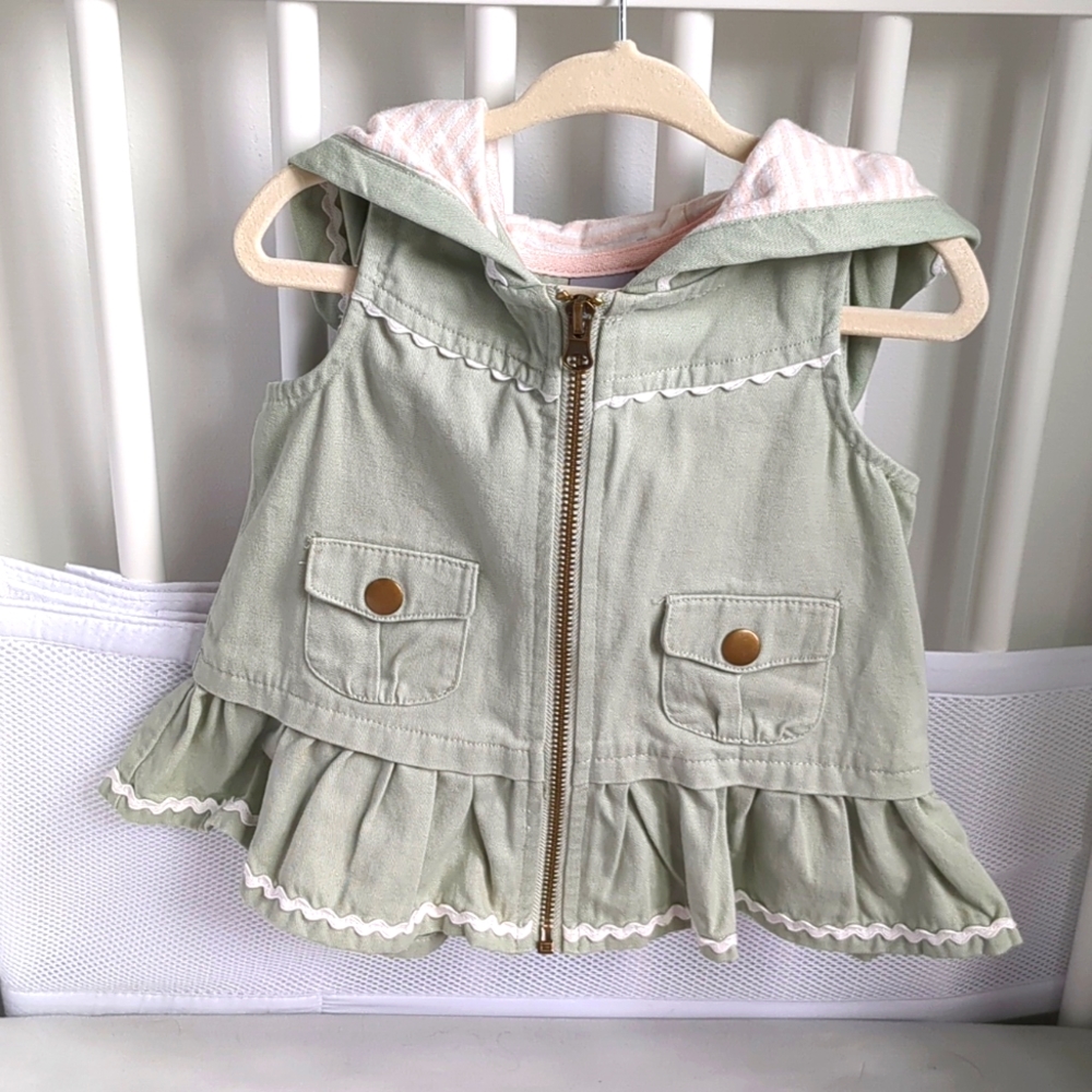 Tahari Spring Green Denim Zip Vest Pink Striped Hood Sz 24M